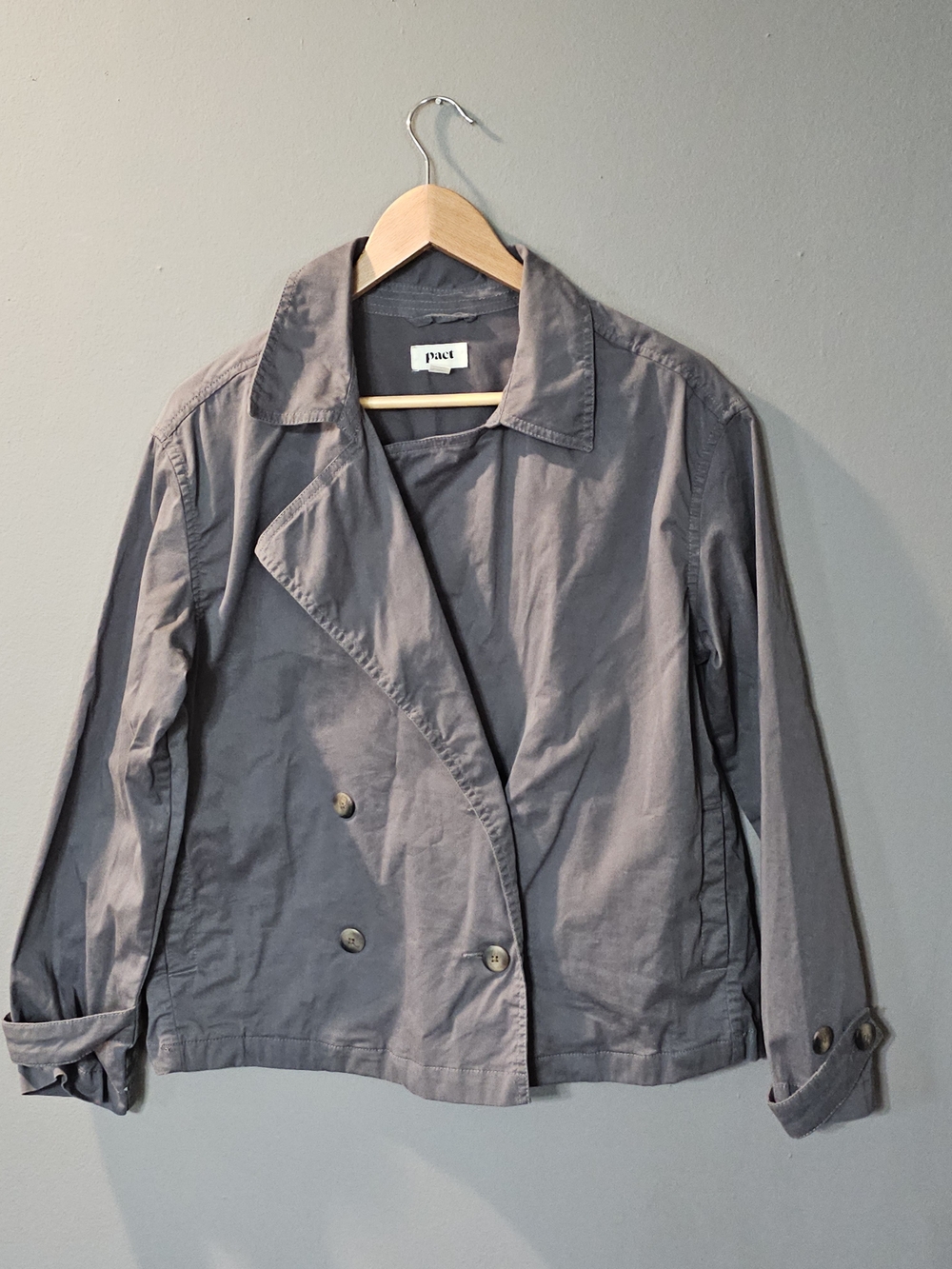 Pact Organic Cotton Gray Boulevard Brush Twill‎ Double Breasted Jacket Womens XS
